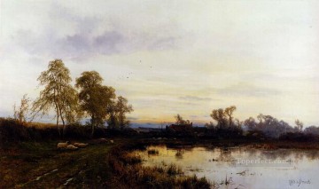 Lake Pond Waterfall Painting - Sunset Over A Farmyard landscape Alfred de Breanski Snr